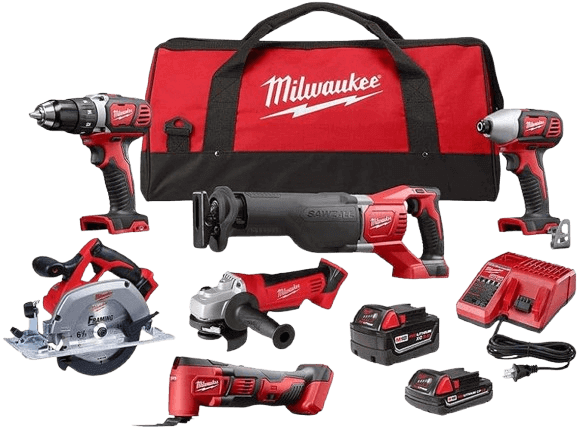 Milwaukee M18 cordless combo kit with tools, batteries, charger and contractor bag.